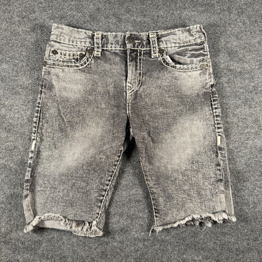 True Religion Ricky Relaxed Straight Gray Denim Shorts 32 Raw Hem Grunge